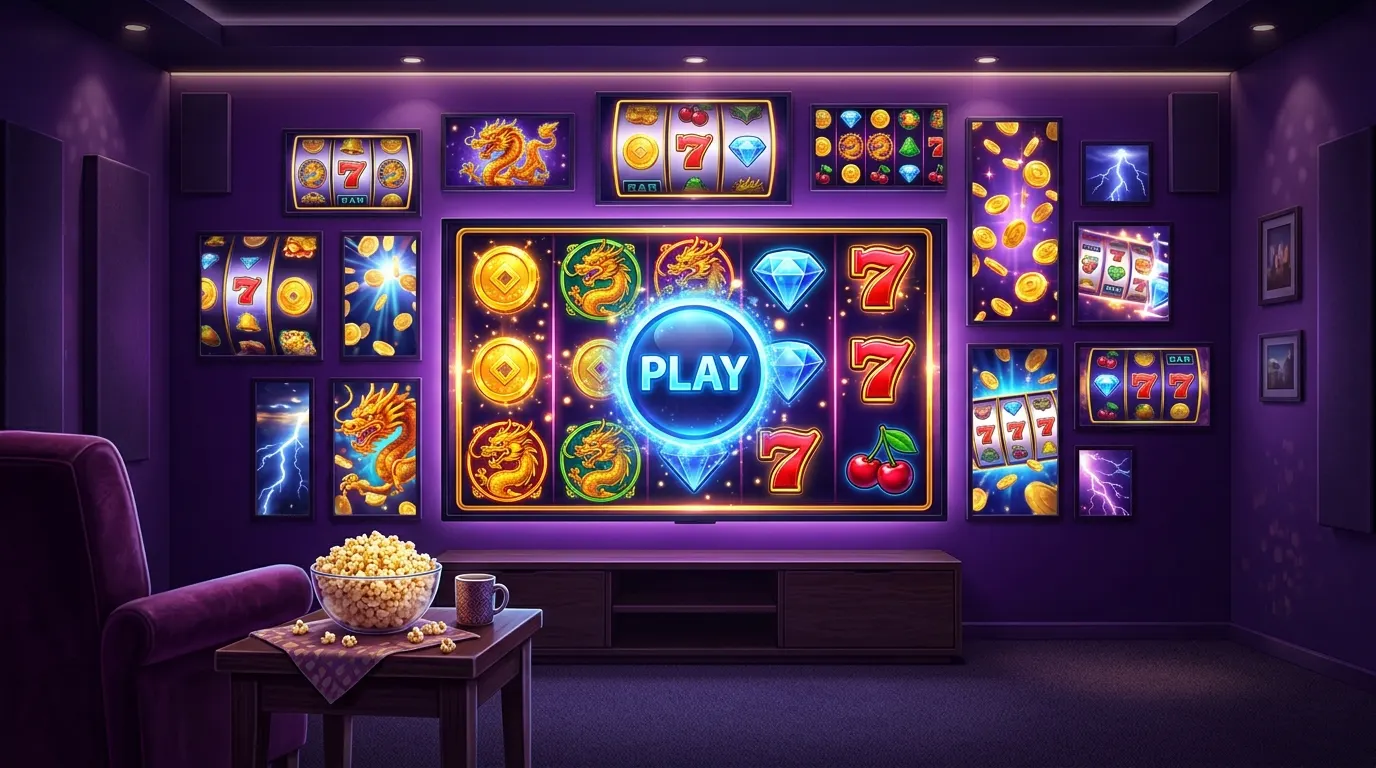 Illustration of a wall of screens showing pokie reels